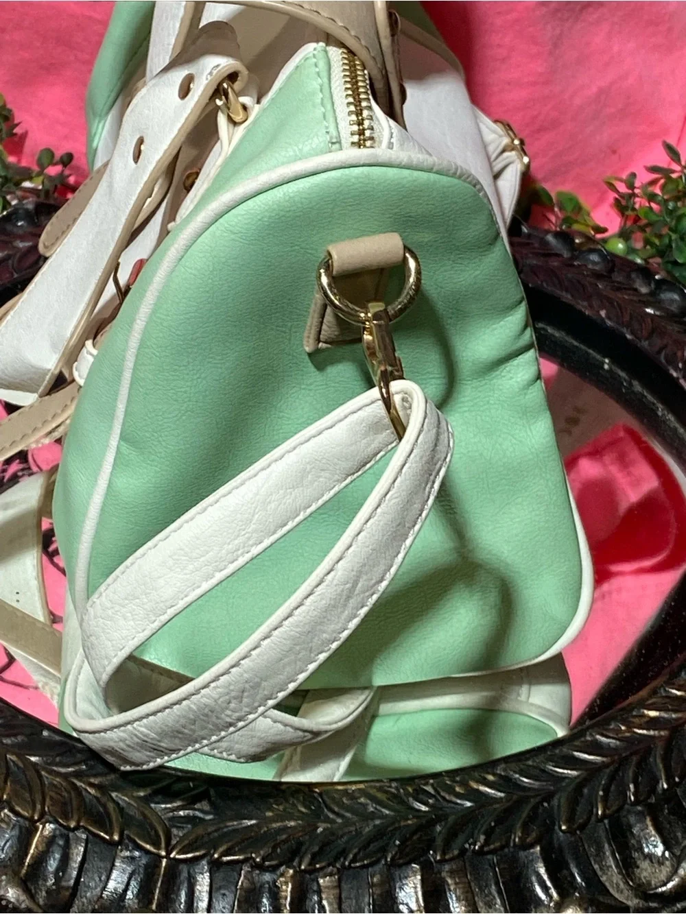 Charming Charlie Mint Green, White & Tan Satchel